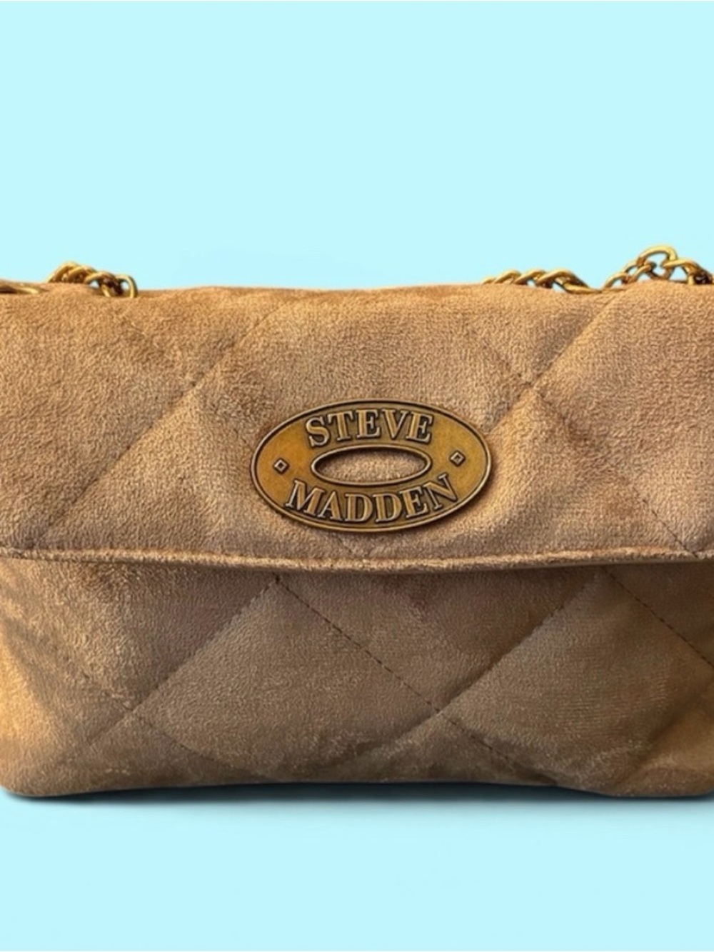 Steve Madden Quilted Suede Shoulder Bag in Tan with Gold Hardware